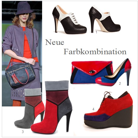 Colourblocking ist auch im kommenden Herbst-Winter ein  Thema der Schuhmode.  Neue Farbkombinationen wie Schwarz-Weiss, Grau-Rot oder Rot-Blau bringen Schwung an die Füße. Foto: 1 Elegante Schnürpumps Schwarz-Weiss Alina Schürfeld / 2 Tasche und Pumps Rot-Blau-Schwarz Kombination Peter Kaiser / 3 Ankle Boots Rot-Grau RosaRot / Schnürschuhe mit Keilabsatz Rot-Blau Thierry Rabotin